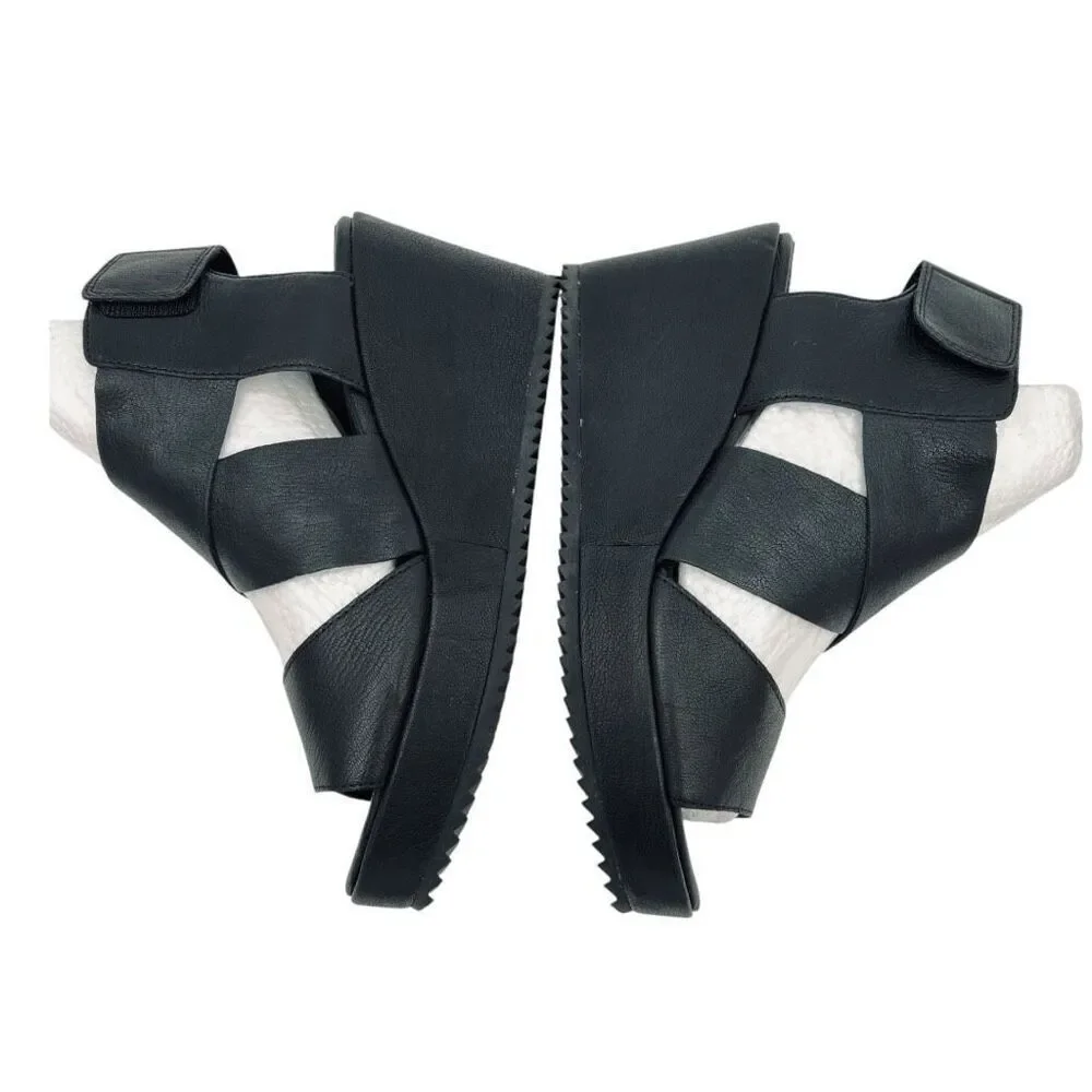 Eileen Fisher Women's Whimsy Leather Wedge Heel Platform Sandals Black Size 6
